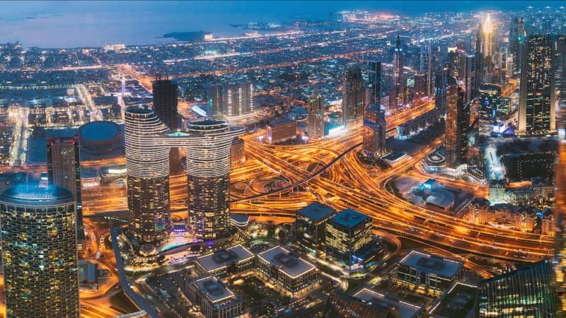 Aerial View Of Evening Night Scenic View Of Skyscraper In Dubai